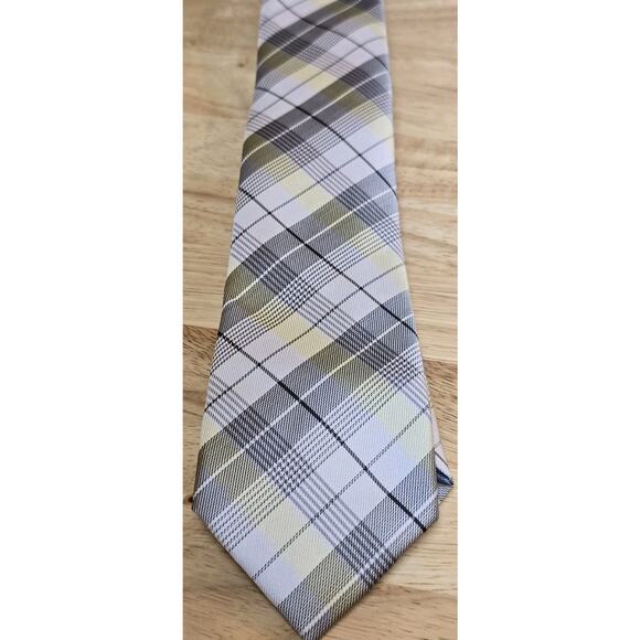 Men Gray Yellow Plaid Silk Neck Tie Classic Slim Necktie 3"×58" EUC Unbranded - Picture 1 of 5
